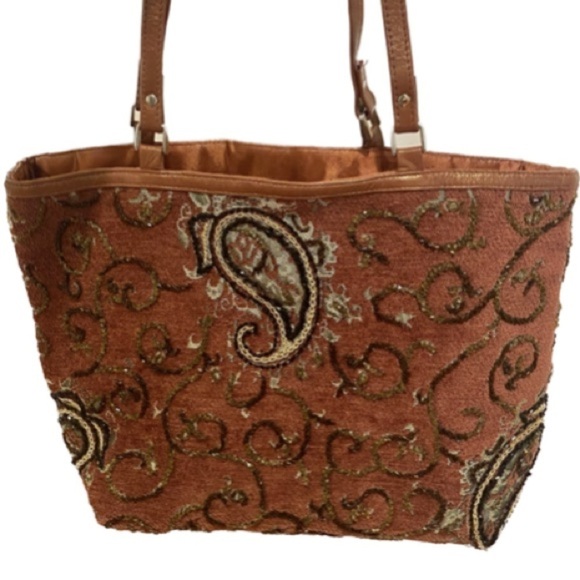 CHRISTINA ROSE CHENILLE BEADED & SEQUIN PAISLEY SHOULDER TOTE OR KNITTING BAG - Picture 3 of 9